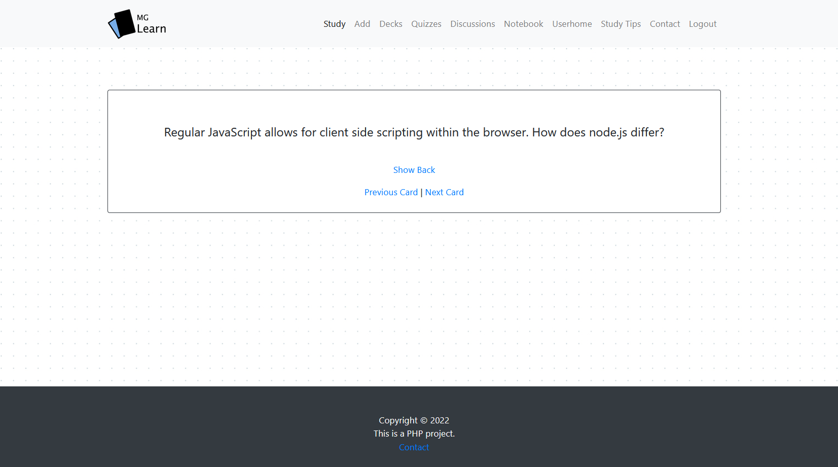 Picture of using a flashcard in MG Learn.